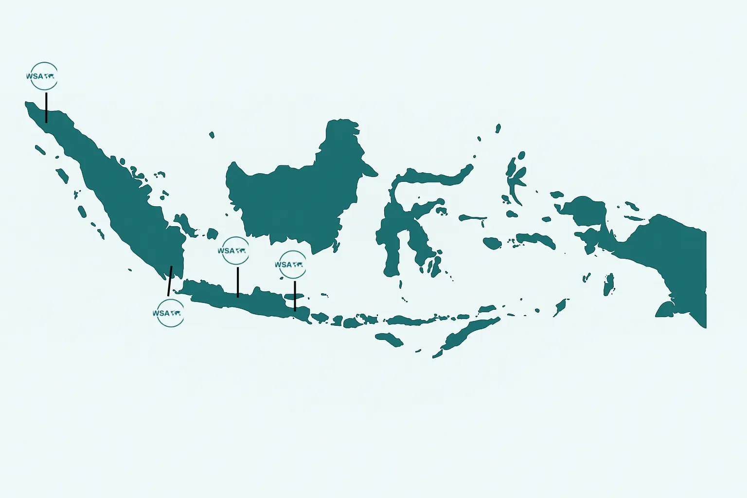 Map: coffee origins of Wira Sarwa Asurya — Temanggung, Pasuruan, Lampung, Aceh Gayo